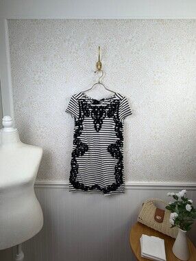 Postmark by Anthropologie Black Striped Embroidered Knit Tunic - Size - XS